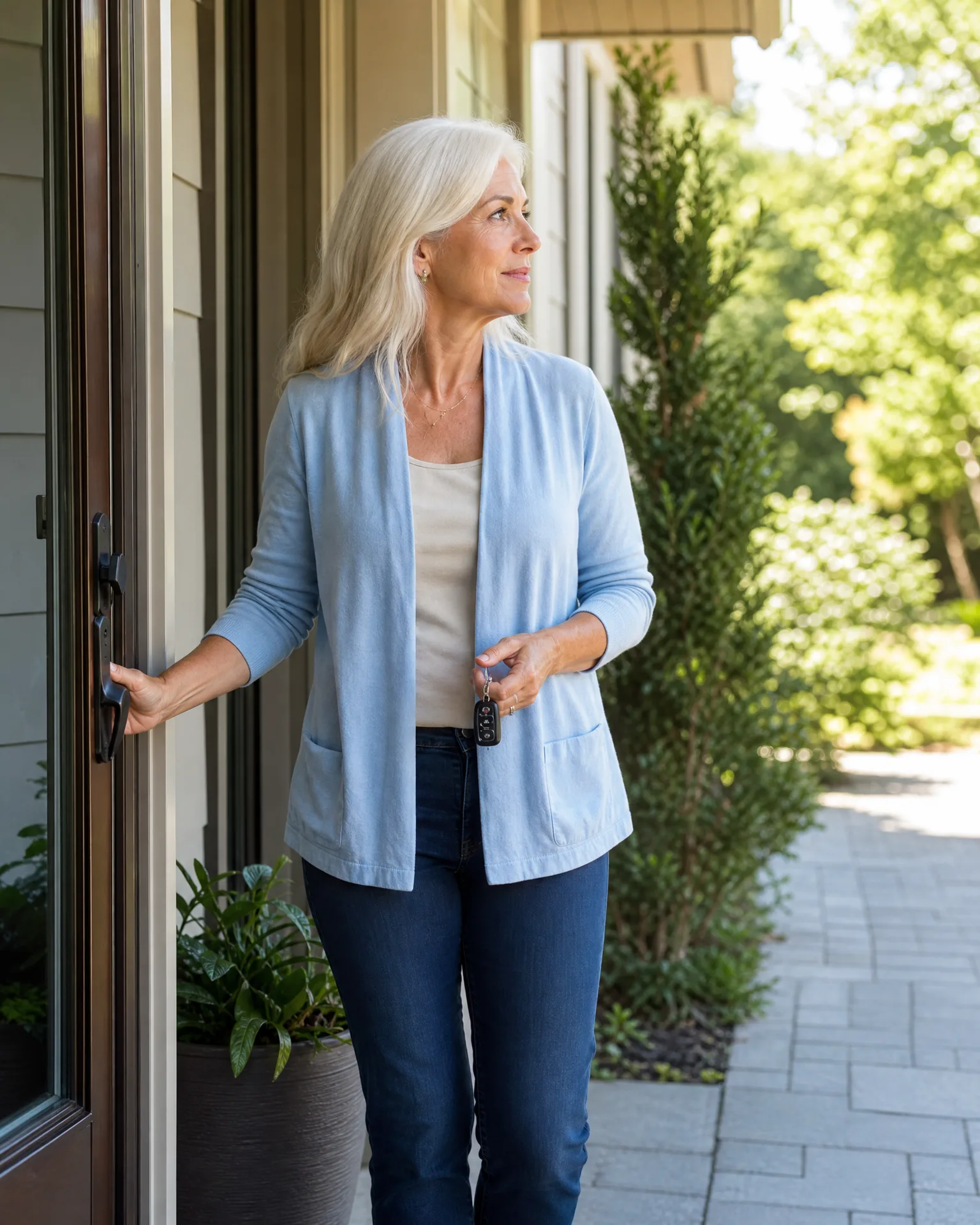 A woman with light blonde hair in a light blue cardigan, white top and jeans holds a door handle and car keys while stepping out of a house onto a paved walkway with green shrubs and trees.