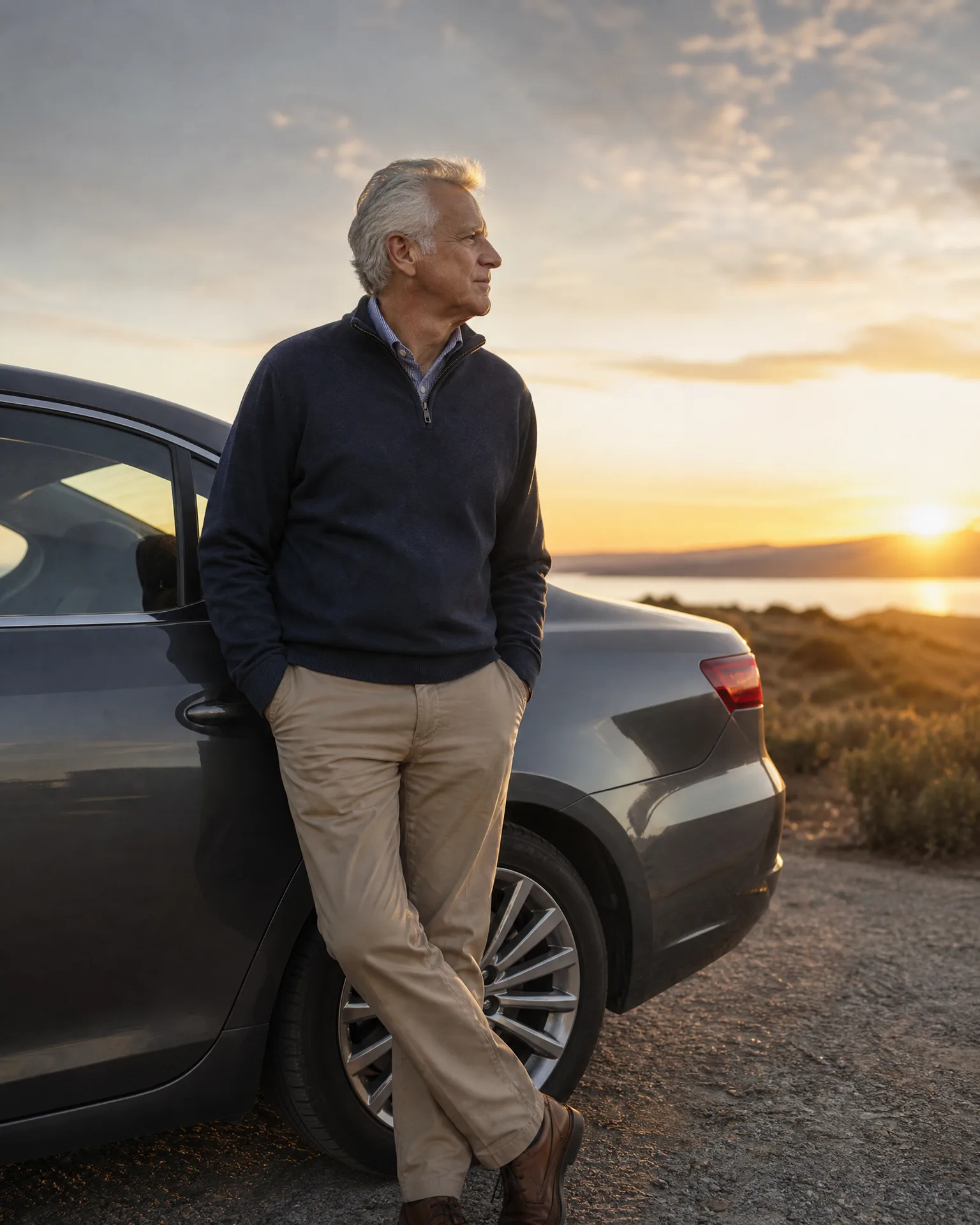 A gray-haired man in a dark quarter-zip sweater and khaki trousers leans against a dark sedan on a gravel overlook, hands in pockets, with water, low hills and a setting sun behind him.
