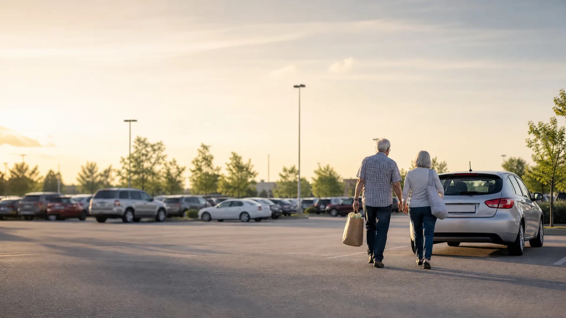 An older couple carrying a paper bag walks hand in hand across a parking lot toward a silver hatchback at sunset, with rows of parked cars, trees and light poles behind them.