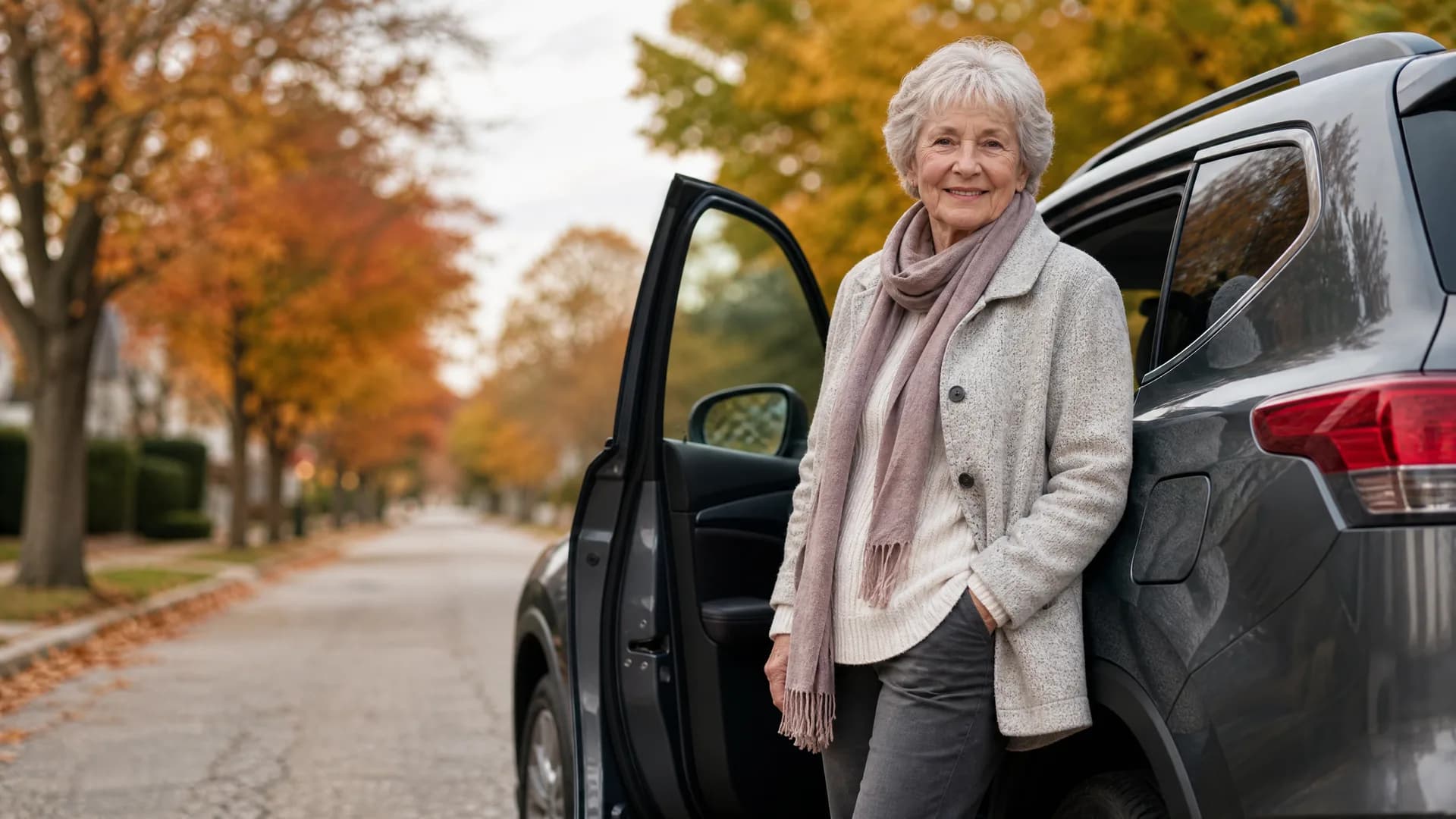 An older woman with short white hair, wearing a light coat and pink scarf, stands beside an open door of a dark SUV on a residential street lined with autumn-colored trees.