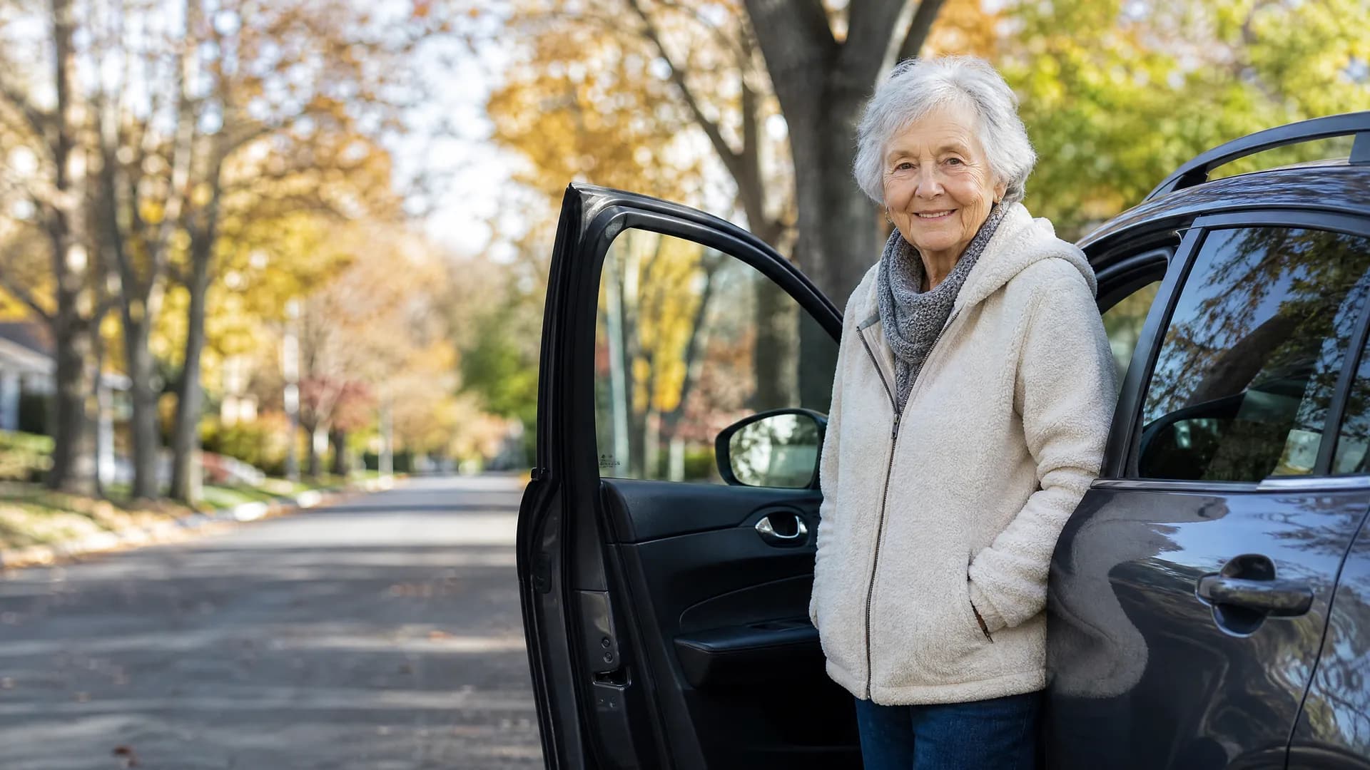 An older woman with white hair, wearing a cream fleece jacket and grey scarf, stands beside the open driver's door of a dark car on a residential street lined with autumn-coloured trees.