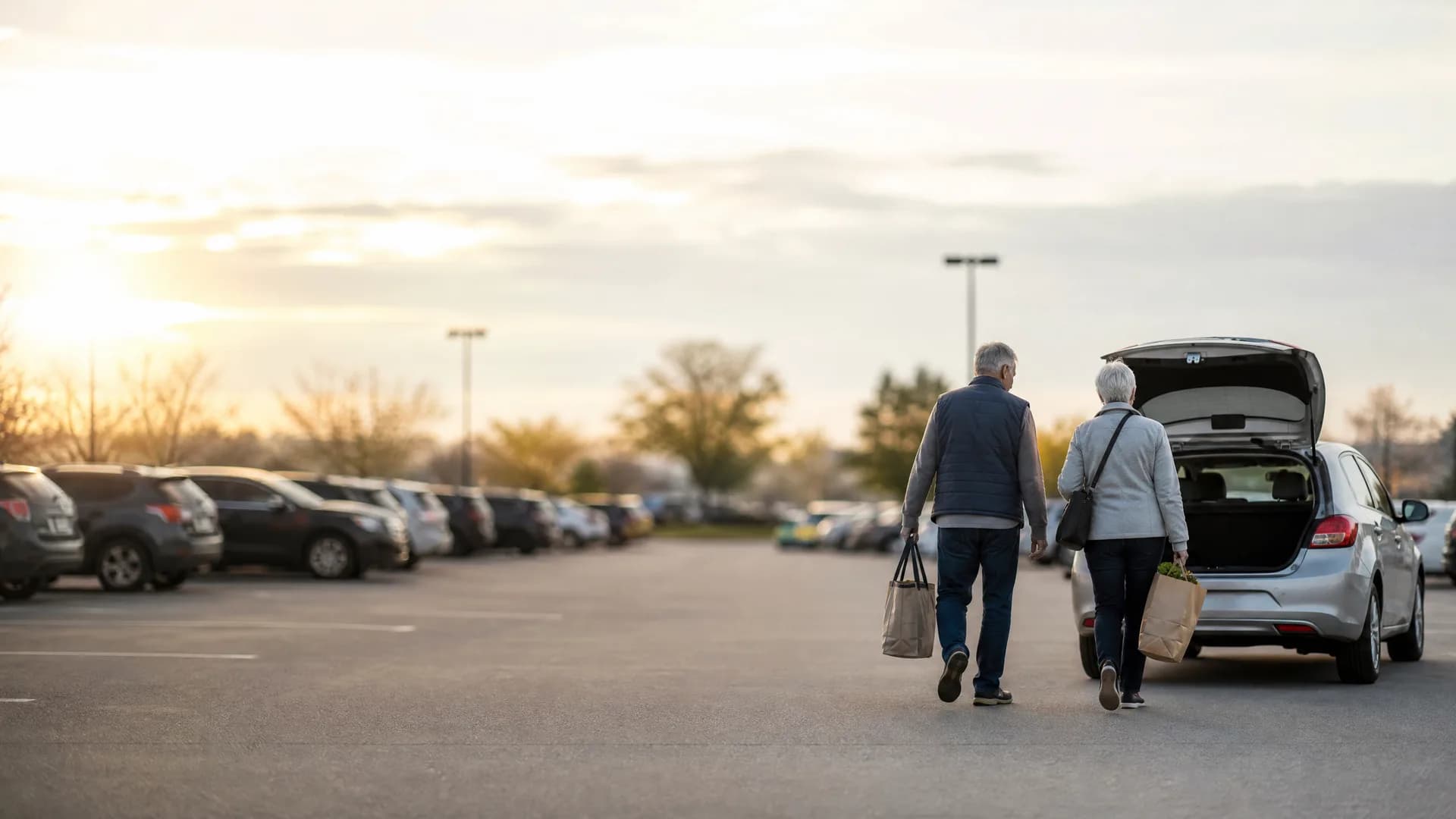 Two people carrying paper shopping bags walk across a parking lot toward a silver car with its hatchback open, with rows of parked cars, bare trees and light poles under a hazy sky behind them.