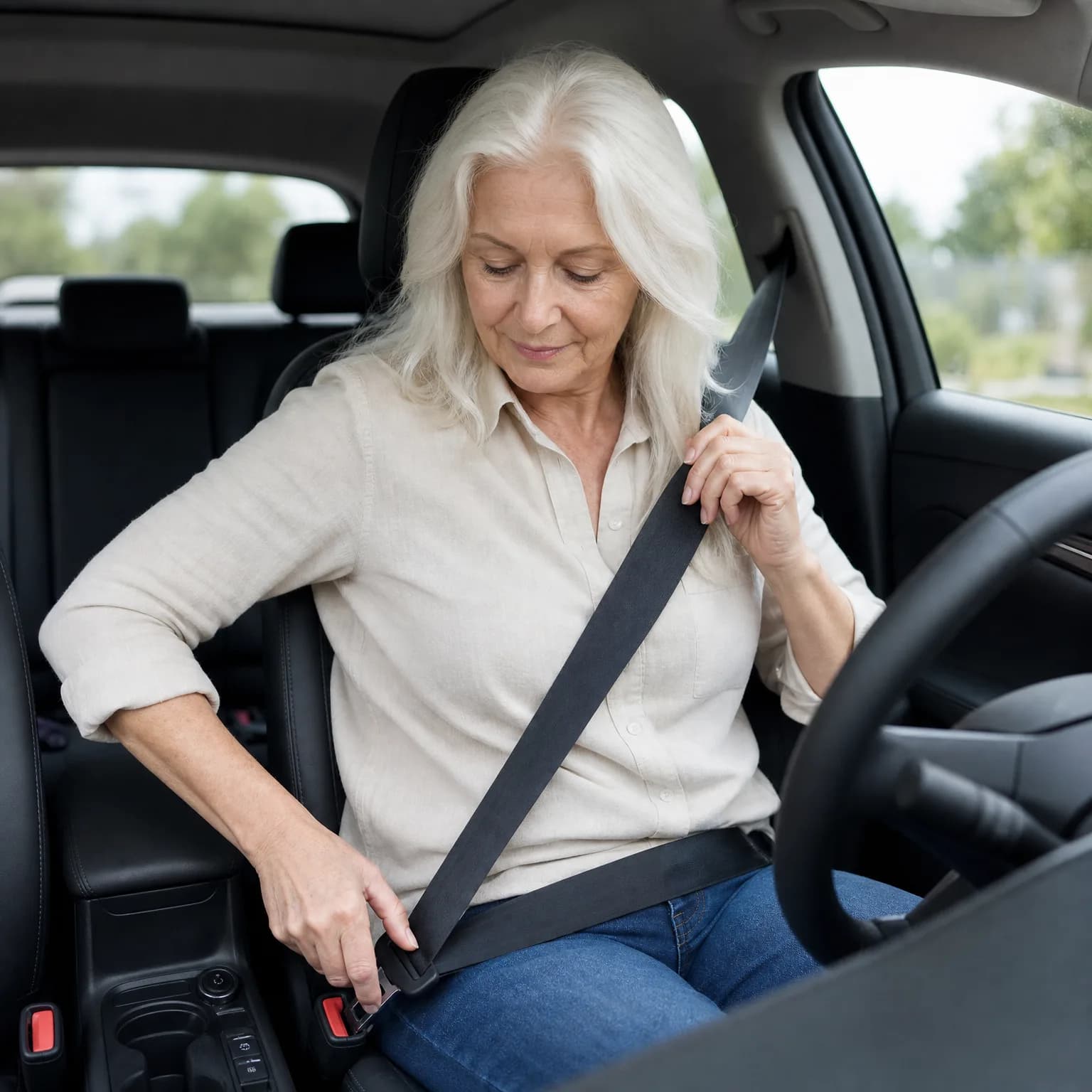 An older woman with long white hair, wearing a beige shirt and jeans, sits in a car's driver seat and fastens her seat belt, with green trees visible through the window.