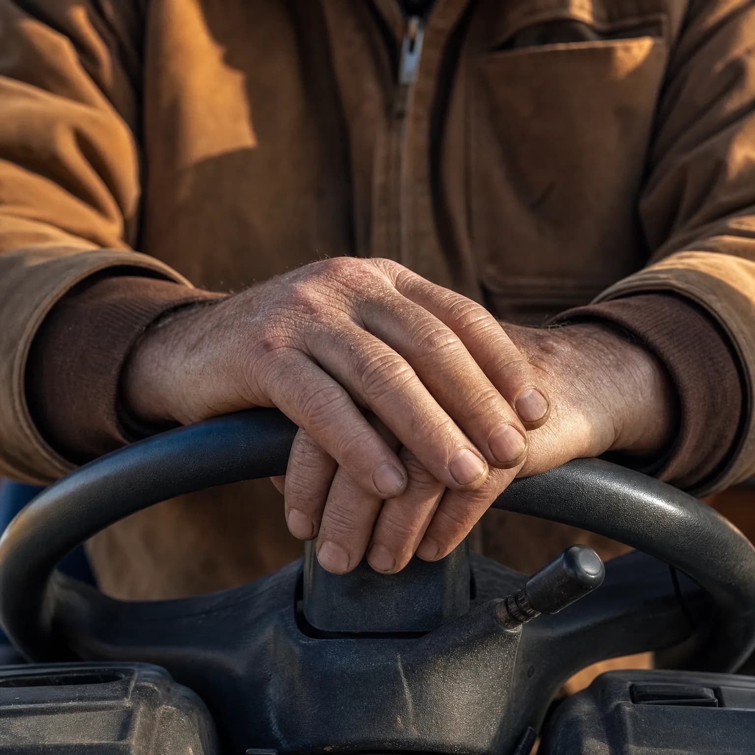 Close-up of a person's weathered hands resting crossed on the top of a black steering wheel, wearing a tan canvas jacket over a dark knit shirt.